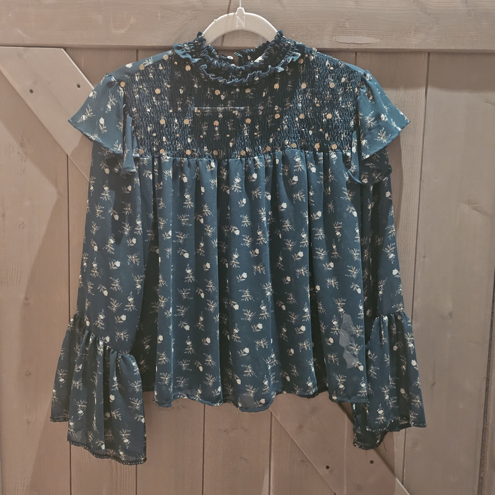 ZARA Floral Smocked Teal Blouse